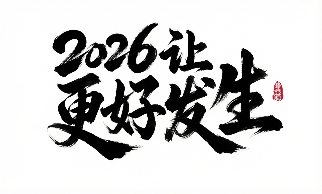 书法字，“2026让更好发生”，风格狂野奔放，笔画飘逸带有枯笔飞自，墨色浓淡对比强烈，，字形结构夸张变形呈现张力，纯白色背景。预览效果
