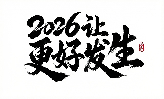 书法字，“2026让更好发生”，风格狂野奔放，笔画飘逸带有枯笔飞自，墨色浓淡对比强烈，，字形结构夸张变形呈现张力，纯白色背景。
