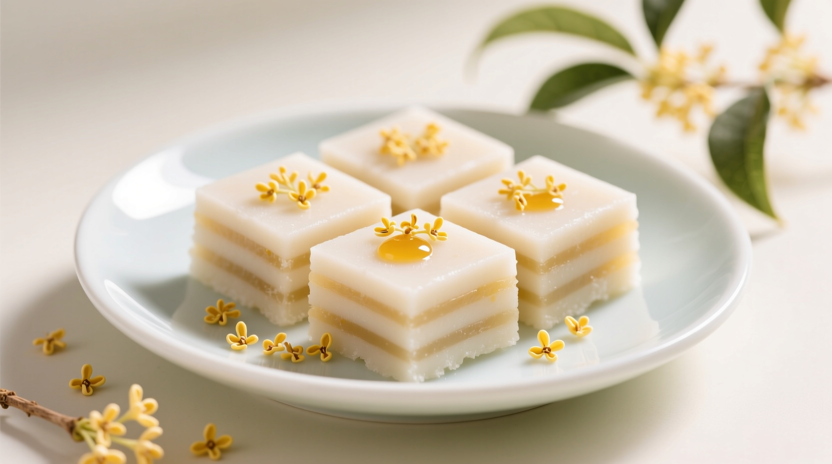 一张精致的桂花糕美食摄影：中式传统桂花糕，切成方形小块整齐摆放… - 图片创意预览