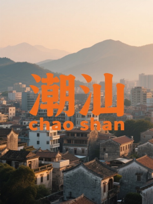 “潮汕”二字居中，副标题小字“chao shan”位于主标题之间，文字为暖色调，背景为潮汕城市照片预览效果