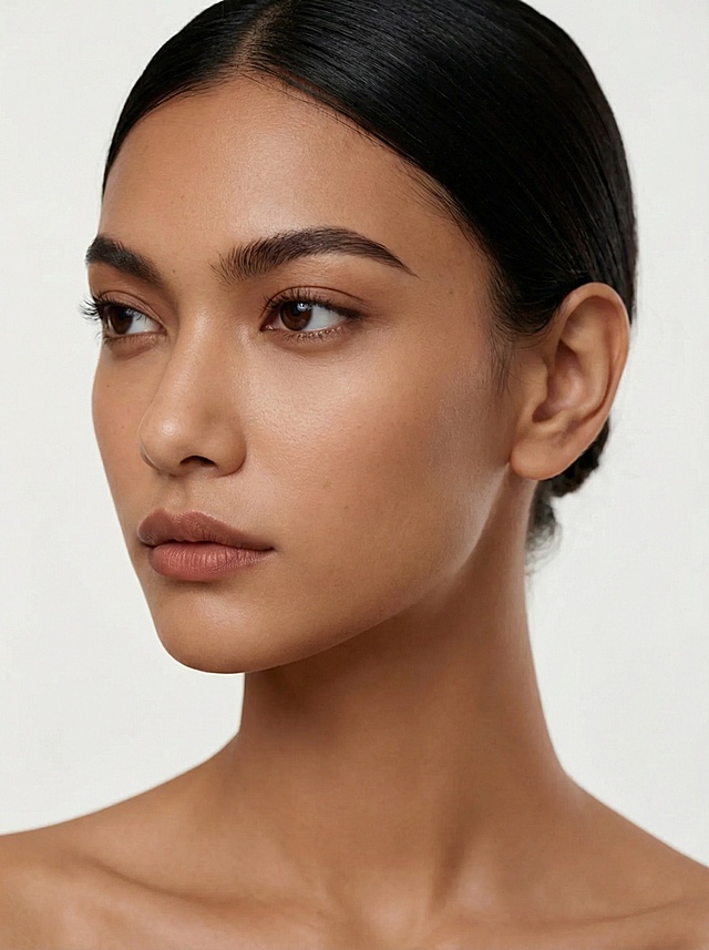 生成一张类似的外国模特图，模特扭头看向远方，黑色的头发挽起，露出耳朵，没有耳饰