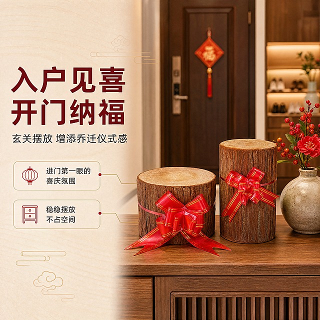 [商品] 使用【图4】高矮两款杉墩木段配红绳花摆件；保留杉木段圆柱形结构、树皮棕褐色纹理、顶部年轮切面、红色带金边蝴蝶结红绳花的造型、颜色和材质；商品处理：保留产品原貌，增强木纹质感与红绳光泽，不改变产品结构和比例。
[画面] 目标：玄关场景种草，展示入户即见的仪式感；构图：左文右图，产品摆放在右侧玄关柜上，产品占画面50%；景别：中景；前中后景：前景玄关柜台面、中景杉墩木段摆件搭配小花瓶、后景虚化的入户门与鞋柜；阅读动线：从左到右，先看文字再看场景产品。
[视觉] 套系策略：风格=新中式喜庆温馨商业摄影风；标题字=阿里巴巴普惠体 粗体；正文字=阿里巴巴普惠体 常规体；主色=暖木棕；背景延展=基于暖木棕做米白到浅棕的渐变层级、同色系细腻木纹质感；强调色=中国红，仅用于小面积图标、引线和标签点缀；标题色=深棕红；正文色=暖深灰；组件=圆角浅米色信息卡、细金线引线、中式云纹装饰元素；光影=左前侧暖柔光，右侧柔和补光，底部自然投影。
[文字] 左侧信息卡主标题"入户见喜 开门纳福"，副标题"玄关摆放 增添乔迁仪式感"，配2个卖点：进门第一眼的喜庆氛围、稳稳摆放不占空间；文字区不遮挡产品主体，全部横向排版。
[规格] 图片比例1:1正方形，4K分辨率，负向提示：避免变形、错字、文字过小、冷蓝/蓝灰背景、产品颜色改变、结构失真、极限词、违禁词、小标致图案、天然/环保/原生态字样。