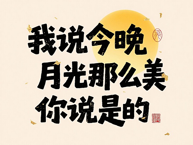 文案“我说今晚 月光那么美 你说是的”，文字布局紧凑，背景浅米色点缀少量金箔，中心融入渐变黄色圆形模拟月亮，右上角和右下角添加中式红色印章
