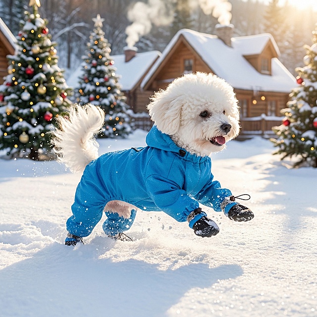 以图中的狗狗衣服为元素,狗狗穿着衣服玩耍,生成6张跟狗狗衣服有关的图,物体主体特征不变,比例 「1:1」