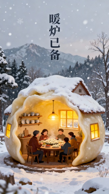 冬至主题的创意温馨插画，充满节气氛围与巧思：
核心主题：以 “冬至” 为核心，搭配 “暖炉已备” 的文字，点明冬日节气的温暖基调；
创意造型：将房屋设计成巨型饺子形态，既呼应冬至吃饺子的传统习俗，又让预览效果