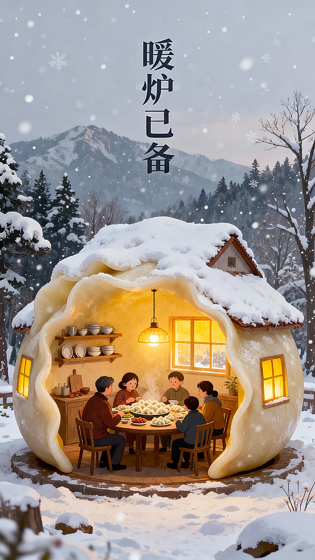 冬至主题的创意温馨插画，充满节气氛围与巧思：
核心主题：以 “冬至” 为核心，搭配 “暖炉已备” 的文字，点明冬日节气的温暖基调；
创意造型：将房屋设计成巨型饺子形态，既呼应冬至吃饺子的传统习俗，又让画面充满趣味辨识度；
室内场景：饺子形小屋内，一家人围坐圆桌聚餐，桌上摆满饺子等食物，暖光吊灯、置物架等布置，尽显阖家团圆的温馨；
外部环境：窗外是飘雪的冬日雪景（覆雪山林、落雪树木），室内暖融融的团聚与室外冷寂雪景形成对比，更凸显冬至的暖意。