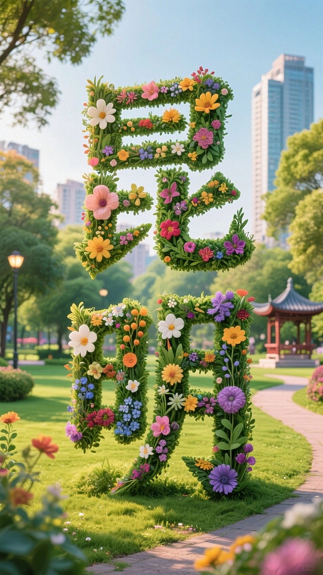 文字内容为“昆明”，字体表面由花卉、植物组成，背景是城市公园场景