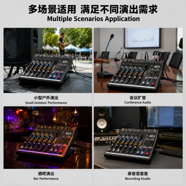 [主图4] EP4调音台多场景适配展示图，工业专业风，商业摄影质感，浅灰色背景，4宫格分块排版，每个宫格展示一个适用场景，保持整体风格统一。顶部主标题
多场景适用 满足不同演出需求
Multiple预览效果