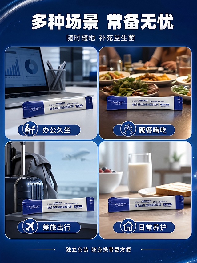 [商品] 使用【图3】独立条装益生菌；保留条装蓝白配色、Logo、产品名称、包装结构；条装在各场景中自然出现，清晰可辨。
[画面] 目标：4大适用场景拼图，建立日常使用联想。构图：2×2四宫格圆角卡片，每张卡片为一个场景。场景1（左上）：职场办公桌面，电脑旁放一条益生菌，白领办公氛围；场景2（右上）：聚餐餐桌，美食旁放一条益生菌，朋友聚会氛围；场景3（左下）：行李箱/出差背包旁，便携出行场景；场景4（右下）：居家早餐桌，牛奶面包旁放一条益生菌。每张卡片内产品清晰，场景虚化突出产品。
[视觉] 套系策略：风格=深蓝科技高级商业摄影，3D渲染质感；标题字=现代无衬线粗体（思源黑体Heavy）；正文字=简洁无衬线体（思源黑体Regular）；主色=深海蓝（#0A2463）；背景延展=基于深海蓝做上下深浅渐变、径向光晕、银色流线光带、粒子光点点缀；强调色=亮银白，仅用于小面积图标、引线、标签和光效；标题色=纯白色；正文色=浅银灰（#E0E7FF）；组件=圆角胶囊信息条、细线引线、圆形图标；光影=各场景内自然柔光，整体统一冷调。
[文字] 顶部主标题「多种场景 常备无忧」（8字），副标题「随时随地 补充益生菌」；四张场景卡片下方分别标注：「办公久坐」「聚餐嗨吃」「差旅出行」「日常养护」。底部小字「独立条装 随身携带更方便」。所有文字横排。
[规格] 图片比例3:4竖版，4K分辨率，负向提示：避免变形、错字、文字模糊、产品颜色改变、包装文字错乱、白底、人物脸部特写、医疗功效承诺、极限词。
