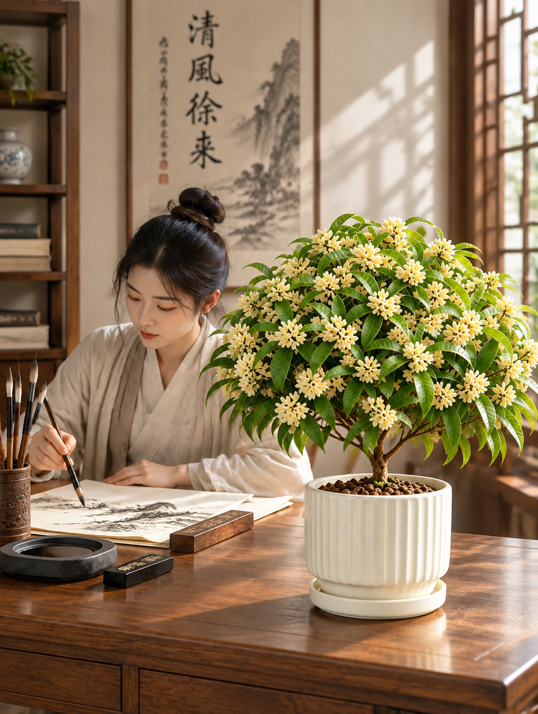 新中式书房室内场景，墙面悬挂水墨书法字画，温润实木书桌占据画面… - 图片创意预览