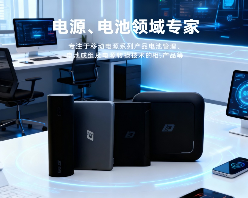 根据这张图，做一个网站动画图1280X560的，带广告内容为电源、电池领域专家 专注于移动电源系列产品电池管理、电池成组及电源转换技术的相关产品等。背景要科技办公场景预览效果