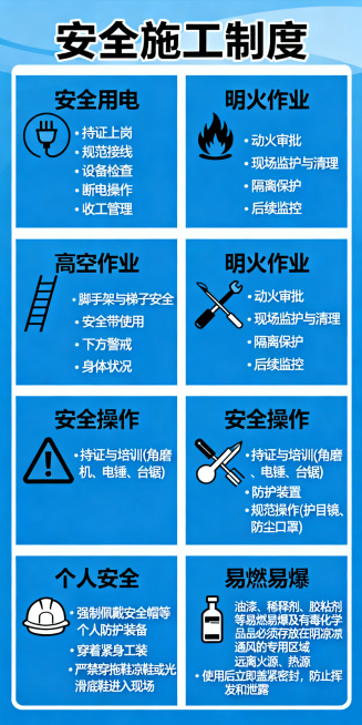 蓝色系工地安全施工制度展板，标题为“安全施工制度”，包含以下板块内容：安全用电:持证上岗、规范接线、设备检查、断电操作、收工管理等；高空作业:脚手架与梯子安全、安全带使用、下方警戒、身体状况等；明火作预览效果