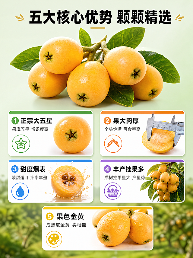 [第2张] 详情页果实核心卖点总览——大五星枇杷五大果实卖点展示。
[氛围/风格] 清新果园风，真实果实摄影质感，信息卡片式排版，干净明亮。
[元素布局] 画面上方居中展示一串金黄饱满的大五星枇杷果实特写，果实个头大、表皮光滑有光泽，带翠绿叶片，占画面约35%；下方分为左右两列共5个卖点卡片，错落排列；背景为浅绿渐变，底部有虚化的果园远景；每个卖点卡片配一个小图标和对应果实局部小图（如五星印记、果肉剖面、汁水飞溅等）。
[光影质感] 柔和顶光照明，果实表面高光自然，卡片有轻微投影悬浮感，整体通透干净。
[配色色系] 全局底色浅绿渐变#E8F5E9；主色深绿标题+金黄点缀；辅助色白色卡片底+深灰正文；每个卡片顶部有彩色细条区分。
[视角构图] 正面平视，上实下虚，阅读动线上方果实主图 → 下方5个卖点卡片自上而下、从左到右依次阅读。
[文字版式] 顶部主标题「五大核心优势 颗颗精选」粗黑体居中；5个卖点卡片：1.左上「正宗大五星」配五星印记图标+小图，副标题「果底五星 辨识度高」；2.右上「果大肉厚」配卡尺图标+小图，副标题「个头饱满 可食率高」；3.左中「甜度爆表」配水滴图标+小图，副标题「酸甜适口 汁水丰盈」；4.右中「丰产挂果多」配果篮图标+小图，副标题「成树挂果量大 产量稳」；5.底部居中「果色金黄」调色盘图标+小图，副标题「成熟皮金黄 卖相佳」；卡片标题粗黑，副标题常规，文字清晰可读。
[比例分辨率] 3:4竖版比例，4K分辨率，文字清晰可辨，高清画质。
[负向提示词] 变形，水印，文字错乱，文字过小，果实腐烂，颜色偏差，卡片排版混乱，背景杂乱。