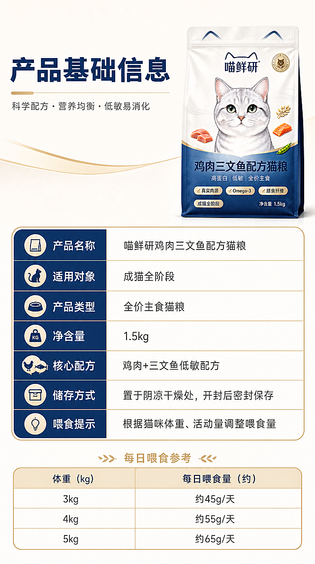 [商品] 使用【图1】喵鲜研鸡肉三文鱼配方猫粮包装袋；保留全部包装元素；包装袋置于画面顶部右侧，尺寸适中作为产品展示。
[画面] 产品信息屏，参数板块规范清晰；浅米白干净底，左侧大区域为表格式信息栏（蓝金线条分割），右侧/顶部产品图；下方增加喂食参考简表；画面层次：背景→表格+产品图→文字信息，≥3层信息层级，排版规整。
[视觉] 套系策略：风格=干净高级自然轻奢商业摄影风，写实柔和；标题字=现代无衬线粗体（思源黑体类）；正文字=简洁无衬线体；主色=深海蓝+米白+浅金；背景延展=浅米白干净底，细腻纸张质感；强调色=浅金色，用于表格线条、表头装饰；标题色=深海蓝；正文色=深灰；组件=蓝金线条表格、浅金色表头、规整行列；光影=均匀平光，清晰易读，无多余装饰。
[文字] 顶部大标题（深海蓝粗体）：「产品基础信息」；主表格（两列，左项目右详情，蓝金线条分隔）：产品名称｜喵鲜研鸡肉三文鱼配方猫粮；适用对象｜成猫全阶段；产品类型｜全价主食猫粮；净含量｜1.5kg；核心配方｜鸡肉+三文鱼低敏配方；储存方式｜置于阴凉干燥处，开封后密封保存；喂食提示｜根据猫咪体重、活动量调整喂食量；下方喂食参考简表标题（浅金色小字）：「每日喂食参考」，表格内容：体重3kg→约45g/天；体重4kg→约55g/天；体重5kg→约65g/天；所有文字横排，排版规整，手机端清晰可读。
[规格] 图片比例9:16竖版（750×1334），分辨率4K，负向提示：避免花哨装饰、文字过小、表格混乱、错字、竖排文字。