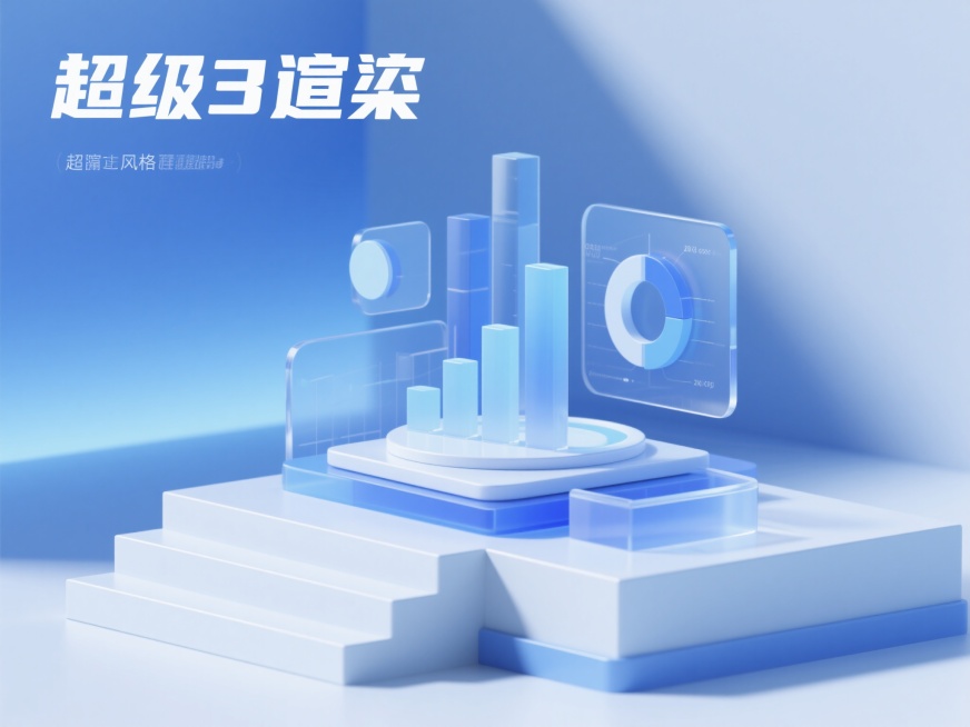 科技蓝色风格UI界面主图，干净清爽的背景，细节画面丰富，主体元素在画面中心位置聚合，聚散布局有致，光影关系明确，包含透明玻璃质感的几何图形、立体柱状图表、圆形数据可视化元素，柔和的蓝色渐变光影，简约的预览效果