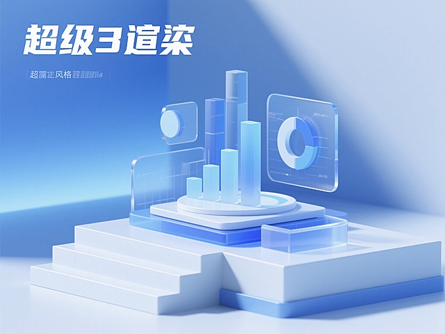 科技蓝色风格UI界面主图，干净清爽的背景，细节画面丰富，主体元素在画面中心位置聚合，聚散布局有致，光影关系明确，包含透明玻璃质感的几何图形、立体柱状图表、圆形数据可视化元素，柔和的蓝色渐变光影，简约的白色台阶式底座，适用于科技产品展示的界面设计