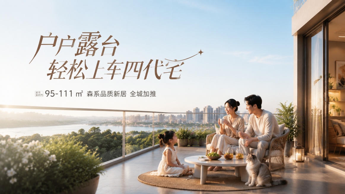 地产户外桁架宣传海报，修改文案为:主标题"户户露台 轻松上车四代宅"，副标题"95-111㎡森系品质新居 全城加推"，主副标题字体做更有设计感的变化，不要太中规中矩。画面保留温馨空中露台生活场景，添加预览效果