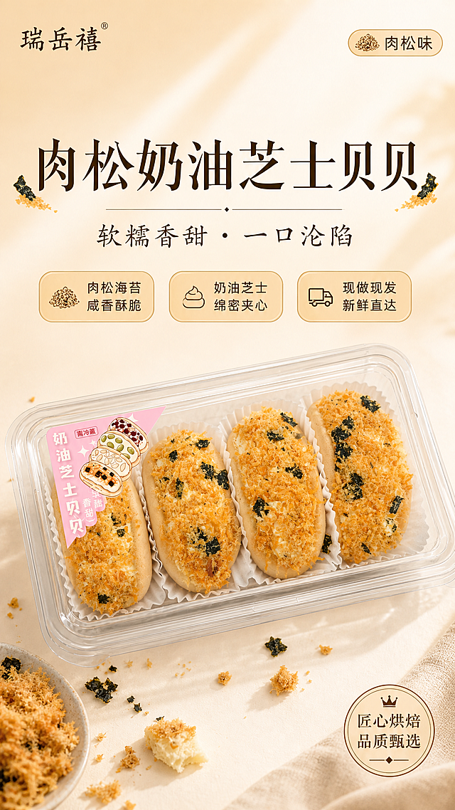 高端简洁烘焙食品海报，参考图3的版式骨架与暖米色氛围，将产品替换为肉松海苔奶油芝士贝贝，整体风格高端简洁、主题突出。

【产品锁死】透明长方塑料盒内的肉松海苔奶油芝士贝贝100%还原上传商品图的产品外形、包装、肉松海苔表面质感、奶油夹心、蛋糕体颜色与盒型结构，以上传图为唯一商品主体来源，完整保留原图中的透明包装盒、白色纸托、肉松海苔碎覆盖的奶油芝士夹心贝贝形态、颜色与材质质感；设计仅作用于背景、光影、道具、版式和文字区；商品主体占画面55%~70%，文字不遮挡主体。

【版式骨架复刻参考图3】保留参考图的分区结构：左上角品牌logo、右上角口味标签、上中部大标题+副标题、中部三个圆角卖点标签、中下部产品主体、底部装饰元素与品质印章。

【色调与氛围】暖米杏色渐变背景，柔和暖光从侧上方照射，营造温暖治愈的烘焙氛围，高端简洁，留白舒适，商业摄影质感，画面精致有食欲。

【顶栏-左上角】品牌logo文字为"瑞岳禧"，楷体字体，深棕色，带注册商标®小标。

【顶栏-右上角】圆角胶囊形口味标签，浅米色底深棕色字，内容为"肉松味"，旁配肉松海苔小图标。

【主标题区】画面上中部大标题"肉松奶油芝士贝贝"，大号深棕色楷体字，字体优雅大气，左右两侧装饰肉松海苔碎小元素，标题下方一条细装饰线+小菱形点缀。

【副标题】主标题下方副标题"软糯香甜 · 一口沦陷"，中号深棕色字，居中排列。

【卖点带】副标题下方三个等宽圆角矩形标签，浅米黄色底深棕色字，从左到右分别是："肉松海苔 咸香酥脆"配肉松图标、"奶油芝士 绵密夹心"配奶油图标、"现做现发 新鲜直达"配货车图标，每个标签内图标在上文字在下。

【产品区】画面中下部，透明盒装肉松奶油芝士贝贝斜45度摆放，盒盖左上角贴有粉色"奶油芝士贝贝"贴纸（与原图一致），产品下方柔和投影，周围散落少量肉松海苔碎做氛围点缀。

【底部装饰】画面左下角散落肉松海苔碎与小蛋糕块装饰，右下角圆形品质印章，内有皇冠图标和"匠心烘焙 品质甄选"文字。

【文字约束】画面中必须完整呈现以下文字信息："瑞岳禧"、"肉松味"、"肉松奶油芝士贝贝"、"软糯香甜 · 一口沦陷"、"肉松海苔 咸香酥脆"、"奶油芝士 绵密夹心"、"现做现发 新鲜直达"、"匠心烘焙 品质甄选"。画面中所有文字必须清晰可读，字体风格统一为楷体/衬线体体系，不得出现空白框、空白占位或待填写区域。