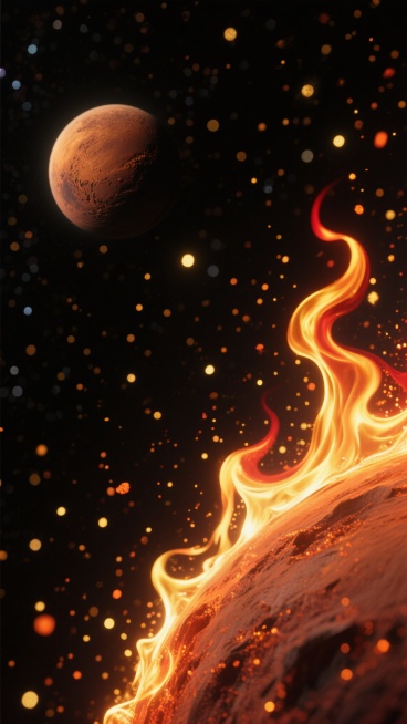 黑色背景上，火星以不同形态呈现：有的如燃烧的金色与橙红色火焰般在画面右下角向上蜿蜒舞动，火焰边缘有明亮的高光和流动的质感；有的化作无数细小的金色、橙色火星颗粒，散布在黑色背景中，形成星点闪烁的效果，部分颗粒带有轻微的光斑和虚化处理，整体营造出热烈、动感且富有神秘宇宙氛围的火星视觉背景。预览效果