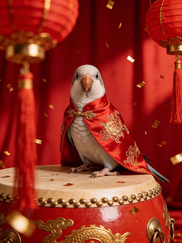 国潮创意宠物写真：主体为图中宠物，身穿带有精致金色刺绣的红色丝绸唐装披风，站在一个巨大的传统红底金漆大鼓边缘，看向镜头。前景运用虚化效果，边缘挂着红灯笼流苏和飘落的金箔纸屑，营造出景深感。背景是高饱和度正红幕布，增加画面的流动性和庆典氛围。整体光影采用柔和的暖调伦勃朗光，强化宠物毛发质感与节日的高级红金配色，风格温馨、治愈且充满年味。