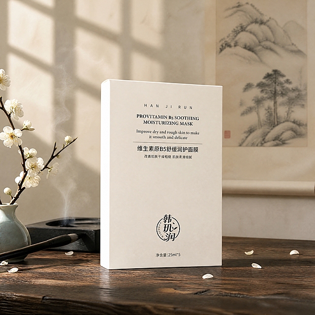 超写实美妆产品摄影，新中式美学自然风格。
主体：维生素原B5舒缓润护面膜（米白色方盒）严格参照上传产品图，完整保留所有可见组件、轮廓、结构、比例、材质、颜色与产品本体上的文字信息（logo/型号/规格/参数等），与上传图完全一致；自然融入场景光影，与场景共处同一物理空间。
构图：产品居中，微侧15°展示正面与侧面，占画面50%，完整不裁切，中景平视，85mm镜头。
场景：中式书房案头场景，老榆木书桌之上，背景为宣纸留白墙面。
环境材质：①承载面，老榆木书桌，深棕木纹，温润包浆质感；②背景，米白色宣纸墙面，挂着一幅水墨山水小品；③左侧，一方青灰色石砚，旁置狼毫毛笔；④前方，一枝白色腊梅斜插于青瓷小瓶中。
动态生机：梅花花瓣缓缓飘落，砚台中墨香氤氲，光影在纸面缓缓移动。
配色/材质：米白/榆木棕/青瓷灰/腊梅白；纸质包装/实木/石材/陶瓷。
光影：主光从左前方窗格透入，暖调柔和自然光，形成窗棂格纹光影；辅光为右侧宣纸漫反射，产品正面清晰温润，整体文雅静谧，书香雅致。
参数：4K超写实，光追质感。严格锁定宽高比为1:1。