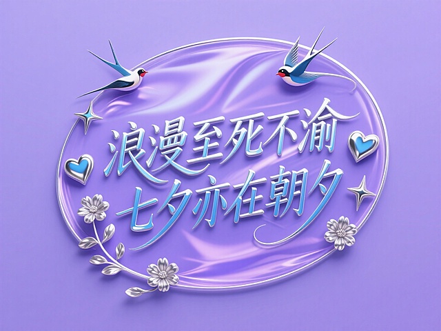 文字“浪漫至死不渝，七夕亦在朝夕”穿插点缀爱心和喜鹊。高级感，背景系列紫色丝绸镭射背景，合成 3D混合材质风，蓝色系 银色，机能风，椭圆形环绕文字，文字金属材质，金属鎏银的花穿插在文字上，四周四角星和花瓣点缀。