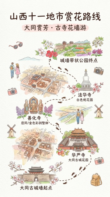 春季赏花路线规划的清新治愈系水彩手绘地图信息图，通过蜿蜒的S型路径串联大同赏花景点，视线从地图底部起点大同古城墙出发，经过华严寺—善化寺—法华寺，最终抵达顶部终点城墙带状公园。顶部有醒目的手写艺术字标预览效果