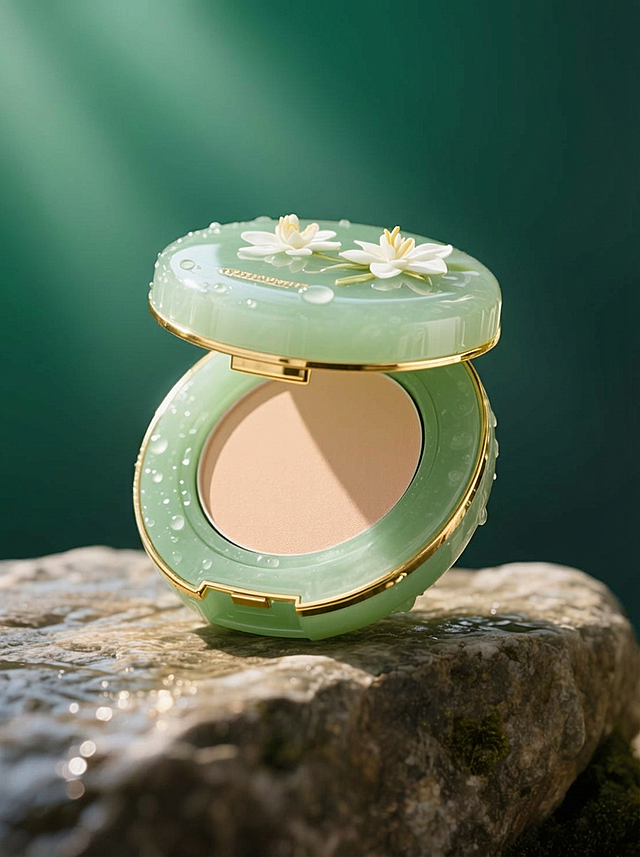 国潮风与玻璃风融合，清透绿釉质感搭配浮雕花卉，金边点缀，置于水润岩石之上，清新自然，唯美优雅。