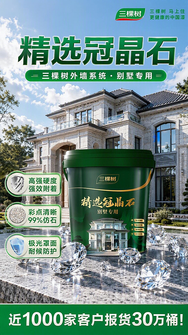 三棵树精选冠晶石外墙涂料场景化海报，写实商业摄影风格。画面中景主体为一桶绿色的三棵树精选冠晶石涂料桶，100%还原上传商品图的产品外形、包装、LOGO、印刷文字，完整保留原图中的桶型、轮廓、结构、比例、桶盖、标签版式、品牌logo、材质质感、颜色与正面朝向。桶身周围环绕多颗闪耀的透明钻石，体现产品高硬度卖点，钻石有光泽折射。背景后方是一栋高端大气的独栋别墅实景，别墅外墙采用仿石材质感，蓝天白云，阳光明媚，体现别墅自建房应用场景。画面上方主标题文字："精选冠晶石"，副标题："三棵树外墙系统·别墅专用"。画面中部左右两侧分布三个卖点标签："高强硬度 强效附着"、"彩点清晰 99%仿石"、"极光罩面 耐候防护"。画面底部有一条绿色横幅，横幅内白色醒目大字："近1000家客户报货30万桶！"。右上角放置三棵树品牌logo与品牌语："三棵树 马上住 更健康的中国漆"。整体色调以绿色和石材灰色为主，光影硬朗，质感高级，版式精美，商业海报质感。画面中所有数字必须精确渲染，不得错位、遗漏或编造，"1000家"、"30万桶"、"99%"数字准确。画面中所有信息区域、卖点标签、横幅文字必须填充完整合理的内容，不得出现空白框、空白占位。