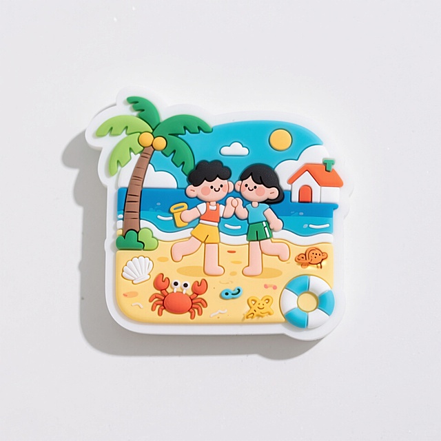卡通插画风，轻拟物设计，展现夏日海滩可爱场景，色彩鲜艳，童趣盎然。