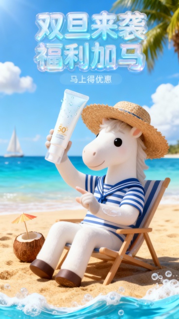 画面主体：一只 奶油白色 的卡通小马，身穿蓝白条纹海军风短袖衫，头戴沙滩草帽。它正坐在一张沙滩椅上，一只手举着一瓶巨大的防晒霜（瓶子尺寸与小马头部相当，瓶身表面凝结着清凉水珠，另一只手做出涂抹的动作，预览效果