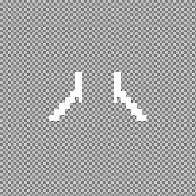 16-bit pixel art style, Chinese character "巫" stroke split part 2: contains ONLY two "人" (ren) characters, one on the left side and one on the right side, positioned as they appear inside a standard 巫 character. The two 人 characters are placed symmetrically left and right, sized to fit inside the 工 frame of 巫. Pure white pixelated strokes on completely transparent background, 16-bit retro game pixel font style, sharp square pixels, no anti-aliasing, centered in frame, perfectly positioned to align with the 工 component (part 1) when overlaid to form complete 巫 character