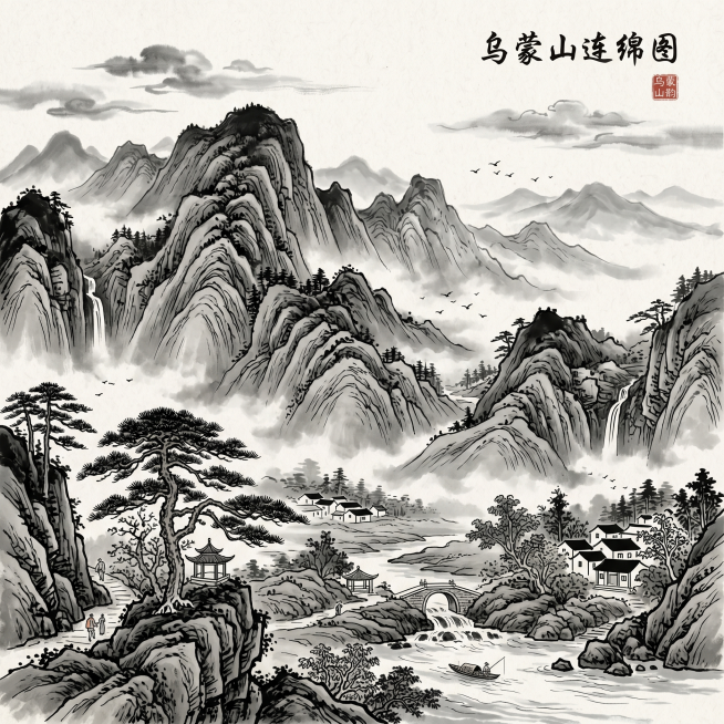 国画风格的乌蒙山矢量图，采用传统中国水墨技法，描绘乌蒙山连绵起伏的山势，矢量线条清晰简洁，保留国画的笔墨韵味预览效果