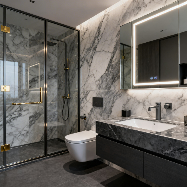 轻奢风卫生间另一角度，精致高级空间，潘多拉大理石纹大砖，深灰色地面，岩板一体盆配枪灰色五金，极窄边框淋浴房配拉丝金合页，智能镜柜灯带，整体高级氛围感预览效果