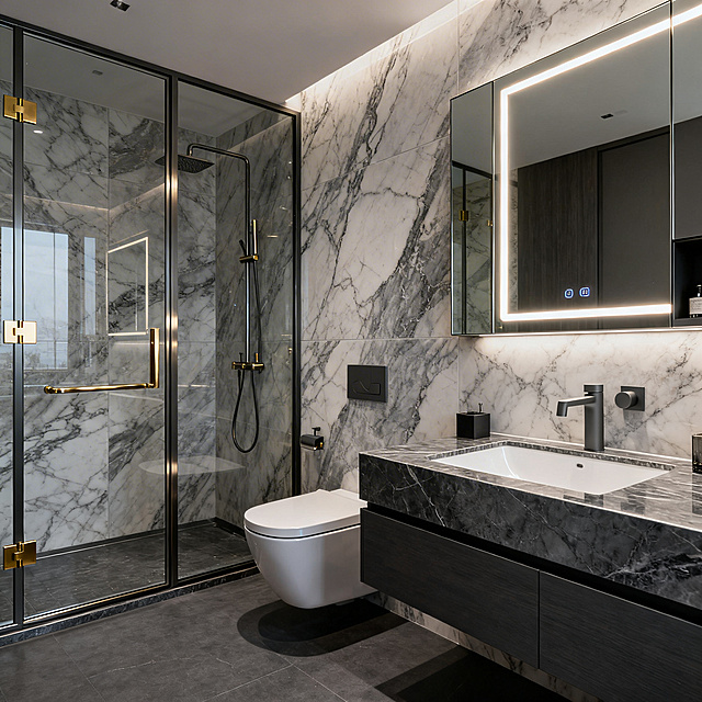 轻奢风卫生间另一角度，精致高级空间，潘多拉大理石纹大砖，深灰色地面，岩板一体盆配枪灰色五金，极窄边框淋浴房配拉丝金合页，智能镜柜灯带，整体高级氛围感