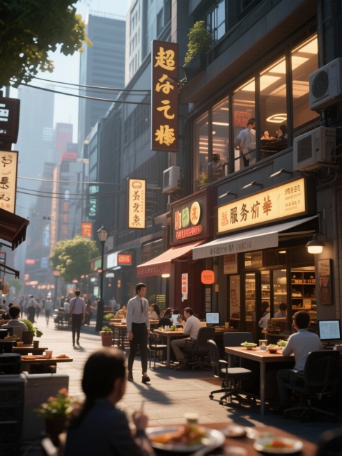 o画面：服务业场景切换到城市街区、餐饮与商务办公的交错镜头，表现服务业仍在扩张。预览效果