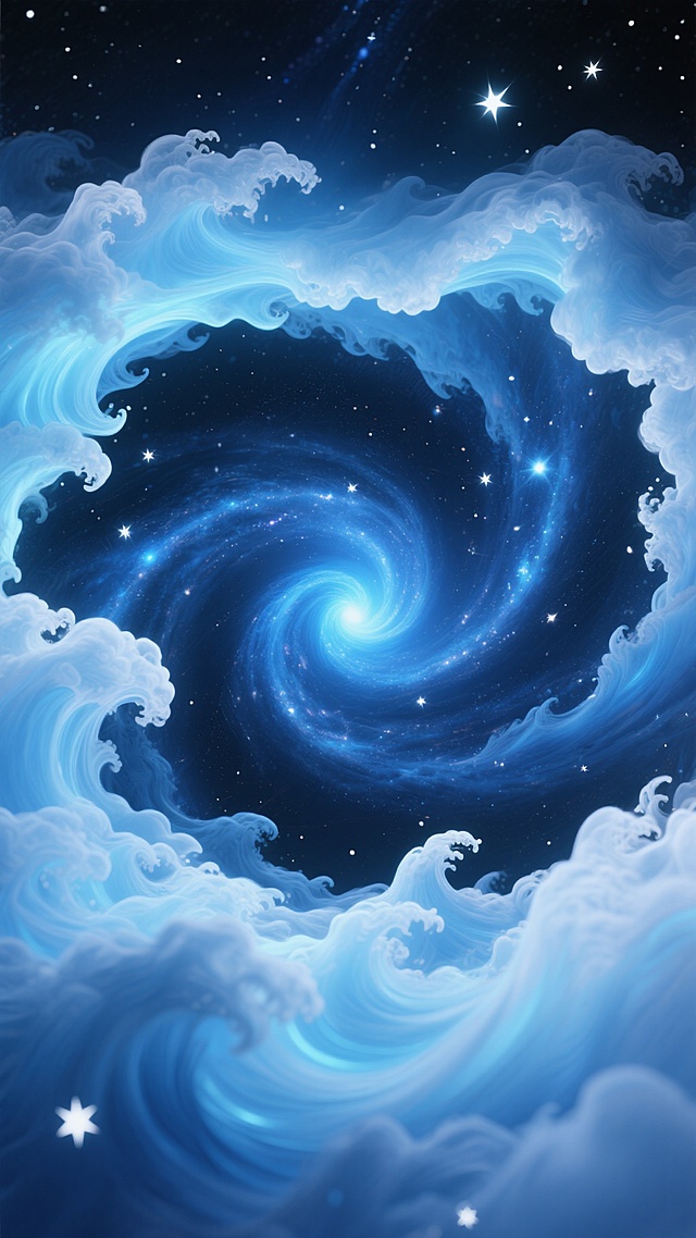深邃宇宙背景，以深蓝与靛蓝为主色调，点缀着闪烁的白色星辰，中心是明亮的蓝色漩涡星系，周围环绕着巨大的、呈现浪花形态的星际云气，云气边缘泛着柔和的蓝白色光芒，整体呈现出3D渲染的细腻质感和强烈的空间纵深感，营造出神秘而浩瀚的宇宙氛围，浪花状星云在螺旋引力下呈现出动态的流动感，光影对比鲜明，高光处明亮耀眼，阴影处深邃幽暗。