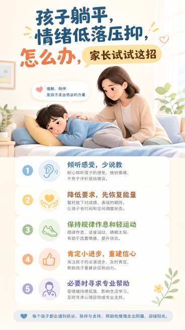 育儿科普宣传图，主题为孩子躺平、情绪低落压抑应对方法，风格温暖专业，明亮柔和配色，画面顶部显示大字标题"孩子躺平，情绪低落压抑，怎么办，家长试试这招"，整体积极正向，治愈风格，干净简洁，无违规内容预览效果