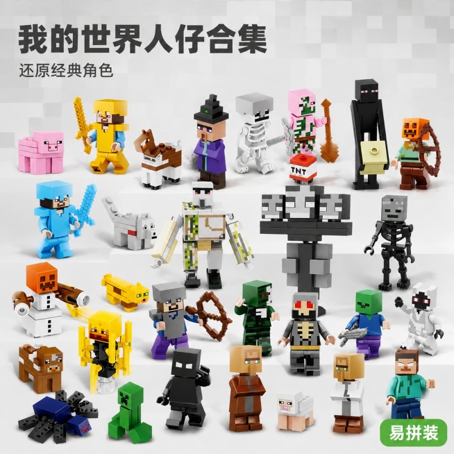 [主图-1] 我的世界人仔合集首图
[氛围风格] 像素游戏主题清爽电商风
[画质] 商业摄影质感，光线柔和通透，产品清晰真实，画面干净高级
[元素] 保持所有人仔的外观、物理结构、材质质感、颜色与输入预览效果