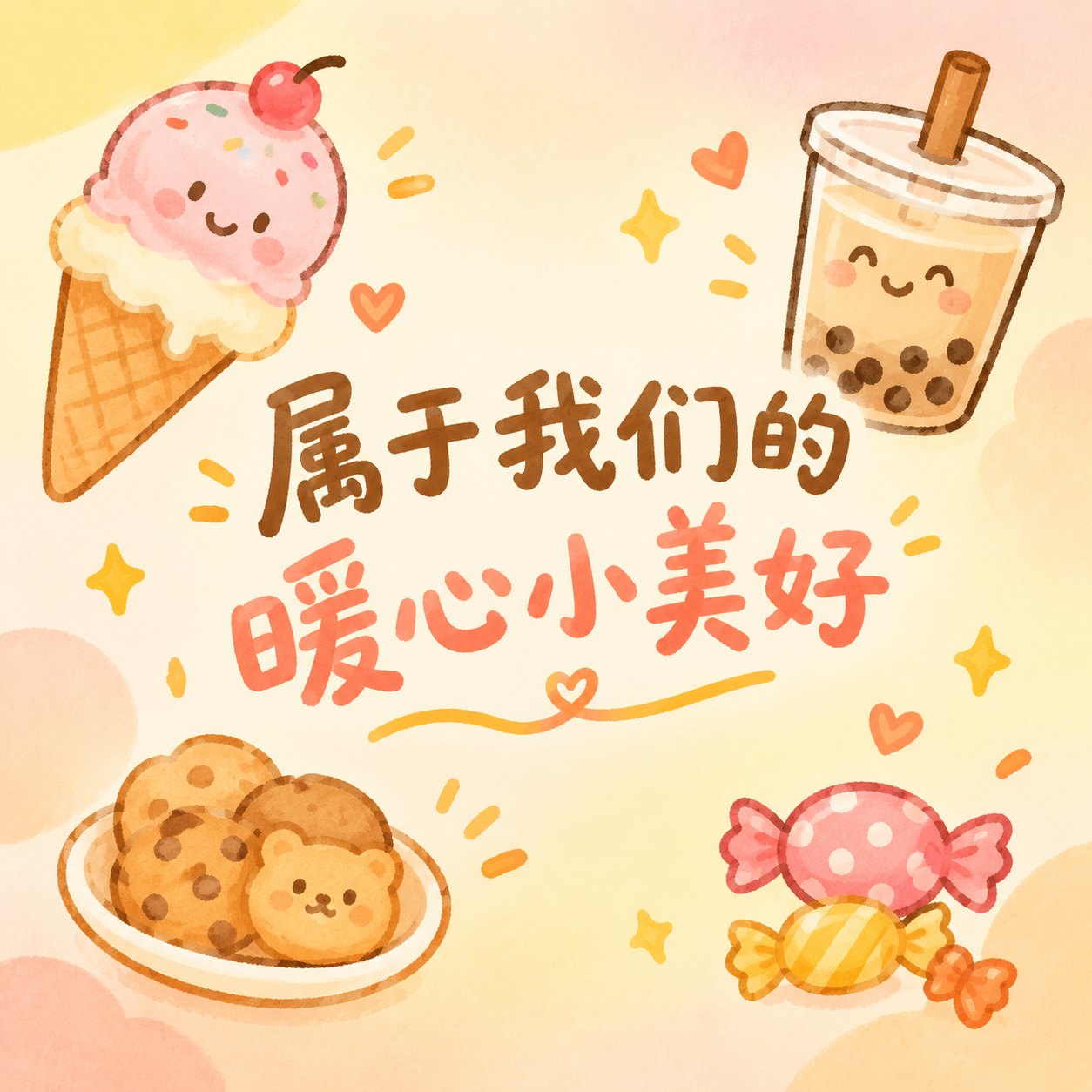 正方形公众号次图，手绘简笔画风格，暖调柔和配色，画面中有雪糕、… - 图片创意预览