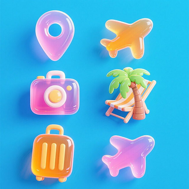 梦幻软3D风设计，卡通感十足的旅行元素，液态质感带来夏日度假氛围。