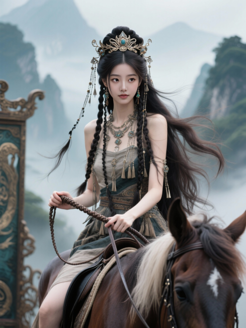 真人摄影，山海经巫山神女，皮草，复古装饰，银饰，金属额饰，碎发随风摆动，复古发饰，超长流苏，很多细碎辫子，唯美朦胧美，手拿皮鞭，骑在马背上。 神秘，安静，清冷感妆容，y2k时尚精致服饰，黑茶色长发，发预览效果