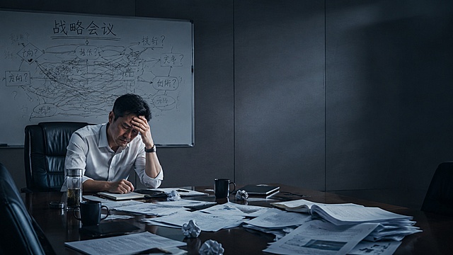 微信公众号封面图，16:9横版，主题是温州老板的战略会困境。画面左侧是一位中年温州老板，穿着商务衬衫，神情疲惫无奈，坐在会议桌主位，手撑额头。会议桌上散落着文件、水杯、笔记本。背景是会议室，墙上挂着"战略会议"的白板，上面画满了混乱的箭头和问号。整体色调偏冷，营造压抑、争吵后的氛围。画面右侧留出大面积空间用于标题文字。风格为写实商业插画风格，高清细腻，有质感。