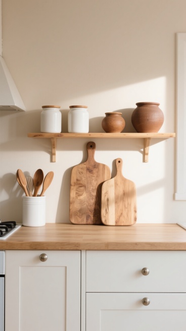 一个温馨明亮的北欧风格厨房局部场景，以浅米色墙面为背景，顶部悬挂着木质搁板，上面整齐摆放着白色陶瓷罐、带木盖的储物罐和两个大小不一的棕色陶罐，搁板下的白色橱柜带有简约的金属旋钮，橱柜台面中央放置着一大一小两块原木色木质砧板，左侧有一个装着木制厨具的白色容器，整体采用柔和的自然光照明，光线从右上方斜射下来，在墙面和物体上形成清晰而柔和的阴影，营造出温暖、整洁、舒适的居家氛围，画面下方是浅色木质厨……预览效果