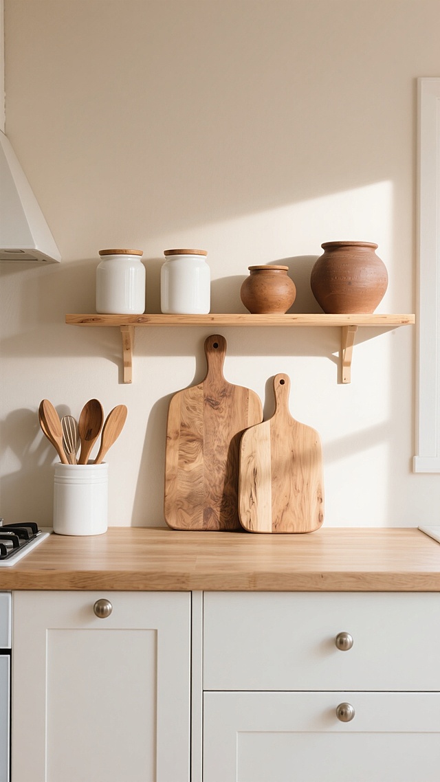 一个温馨明亮的北欧风格厨房局部场景，以浅米色墙面为背景，顶部悬挂着木质搁板，上面整齐摆放着白色陶瓷罐、带木盖的储物罐和两个大小不一的棕色陶罐，搁板下的白色橱柜带有简约的金属旋钮，橱柜台面中央放置着一大一小两块原木色木质砧板，左侧有一个装着木制厨具的白色容器，整体采用柔和的自然光照明，光线从右上方斜射下来，在墙面和物体上形成清晰而柔和的阴影，营造出温暖、整洁、舒适的居家氛围，画面下方是浅色木质厨房台面，展现出简约自然的生活美学。