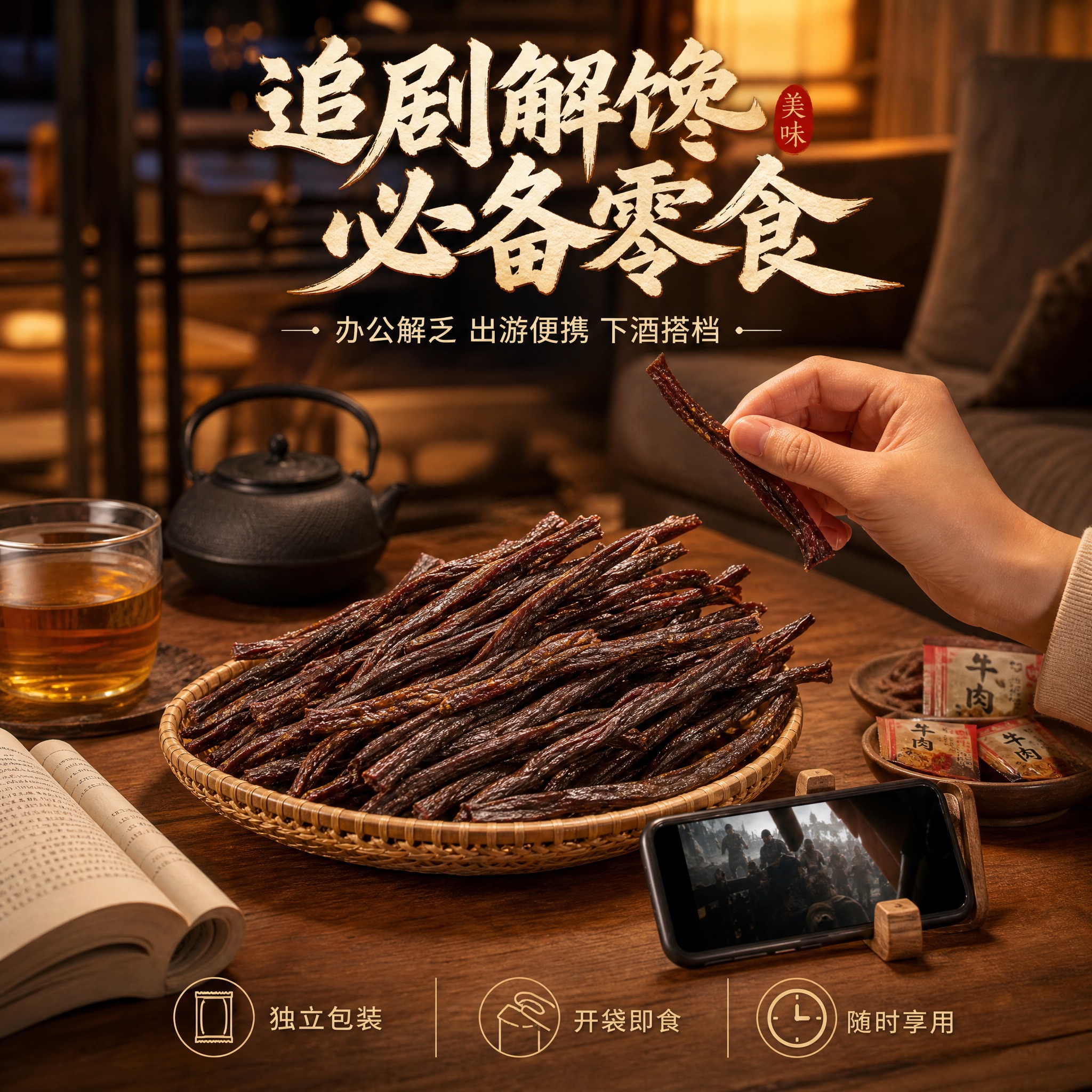 [主图-4] 场景与体验代入，展示风干牛肉干作为休闲零食的多种… - 图片创意预览