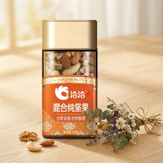 基于提供的洽洽混合纯坚果产品图，生成第三张800*800的温馨暖调电商产品主图，保留原产品包装，不添加任何文案，采用浅原木桌面背景，搭配一小束干花点缀，暖金色光影，温馨清新的自然风格预览效果