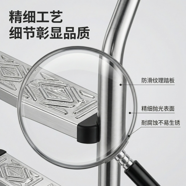 主图主题：扶梯细节工艺特写
氛围风格：极致质感，简约专业
画面元素：放大镜效果放大展示扶梯的踏板防滑纹理和不锈钢抛光细节，清晰呈现金属表面的光滑质感和踏板防滑纹理，微距拍摄，纹理清晰可见
配色色系：主预览效果