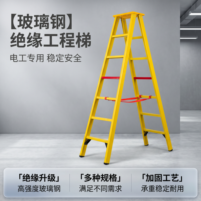 [主图 1] 电工工程场景下的玻璃钢绝缘梯产品首图
[氛围风格] 专业硬核工业电商风，清晰突出产品
[画质] 商业摄影质感、光线通透均匀、产品清晰真实、画面干净高级
[元素] 黄色玻璃钢绝缘人字梯居中预览效果