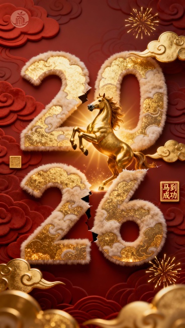 国潮风海报，暗红色祥云纹理层次立体感背景，巨大的“2026”数字，数字内部填充金色祥云纹理，带有焦散光泽效果，“2026”数字从中间断开，上面为“20”下方为“26”，上下左右对齐。中间位置有一个昂头预览效果